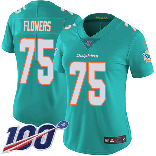 Nike Miami Dolphins #75 Ereck Flowers Aqua Green Team Color Women Stitched NFL 100th Season Vapor Untouchable Limited Jersey